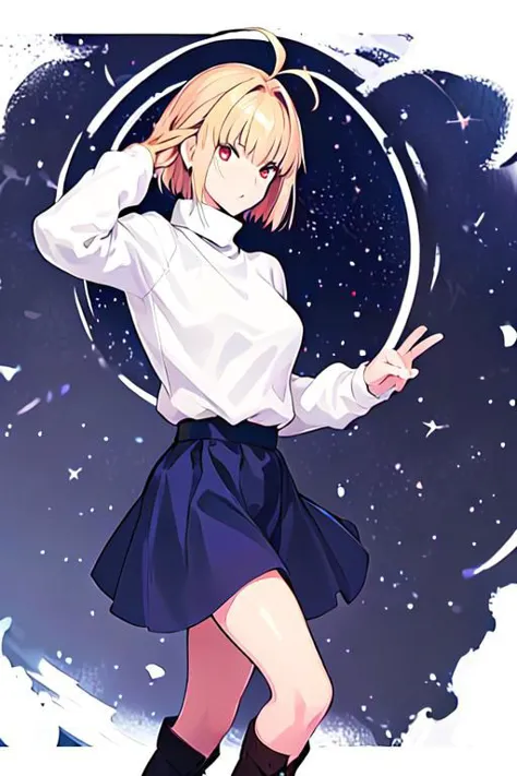 arcueid, blonde hair, red eyes, short hair, very long hair, bangs, ahoge, sidelocks
blue skirt, skirt, sweater, black thighs, boots, turtleneck, white sweater