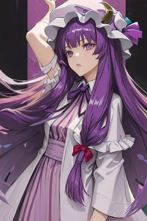 patchouli_knowledge, 1girl, solo, purple hair, purple eyes, long hair, mob cap, crescent hat ornament,