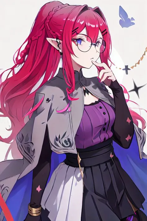 anime girl with long red hair and glasses in a purple dress