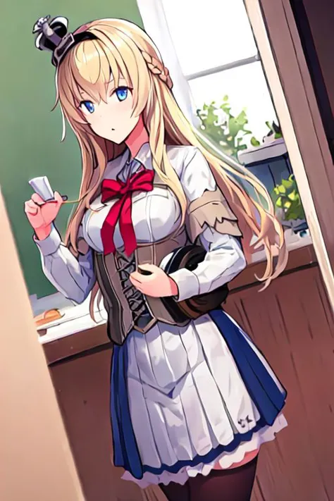 anime girl in uniform holding a cell phone in her hand