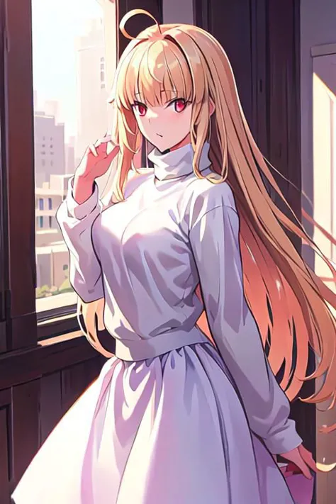 anime girl with long blonde hair standing in front of window