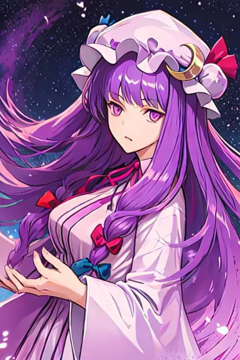 patchouli_knowledge, 1girl, solo, purple hair, purple eyes, long hair, mob cap, crescent hat ornament,