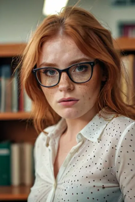 foto cinematográfica un retrato fotográfico exquisito, foto de formato medio de 85 mm hermosa hiperrealismo hiperdetallada
una mujer con cabello jengibre y pecas,, vistiendo una camisa abierta y una falda lápiz ,  anteojos, en una biblioteca
fotografía, película, bokeh, Profesional, 4k, muy detallado ,
