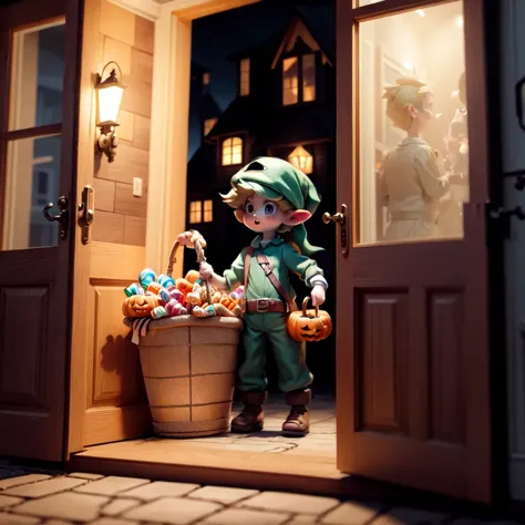 Enlace entregando de pie en la puerta de una casa., sosteniendo un cubo de dulces mientras un gran número de niños disfrazados, Saca los dulces del cubo.. El fondo es una escena festiva de Halloween por la noche.. 