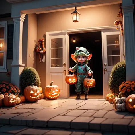 Enlace entregando de pie en la puerta de una casa., sosteniendo un cubo de dulces mientras un gran número de niños disfrazados, Saca los dulces del cubo.. El fondo es una escena festiva de Halloween por la noche.. 