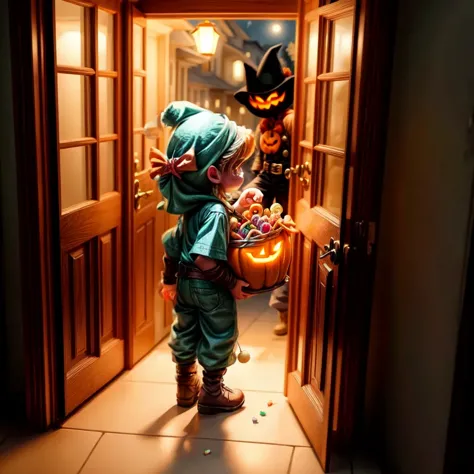 link handing standing in the doorway of a house, holding a bucket of candy while a huge number kids on in costumes, grab candy o...