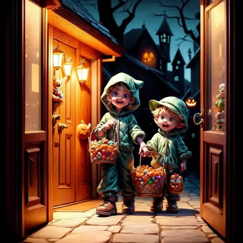 two children in green costumes holding baskets of candy in front of a door