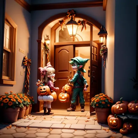 link entregando em pé na porta de uma casa, segurando um balde de doces enquanto um grande número de crianças fantasiadas, pegue o doce do balde. O fundo é uma cena festiva de Halloween à noite. 