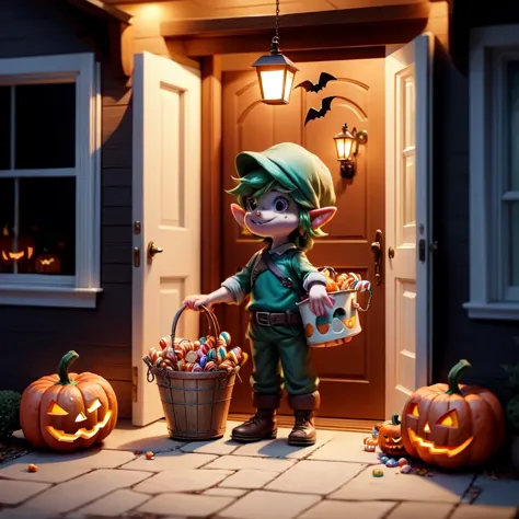 link handing standing in the doorway of a house, holding a bucket of candy while a huge number kids on in costumes, grab candy o...