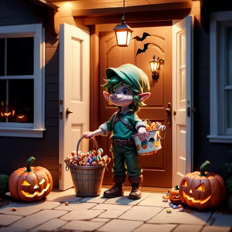 link handing standing in the doorway of a house, holding a bucket of candy while a huge number kids on in costumes, grab candy out of the bucket. The background is a festive Halloween scene at night. 