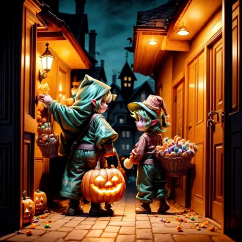 two children dressed in costumes holding pumpkins and standing in a doorway