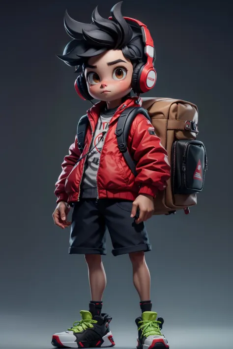 masterpiece, best quality, 8k, official art, cinematic light, ultra high res, 1boy, red jacket, shorts, black hair, headphones, backpack, standing, full body