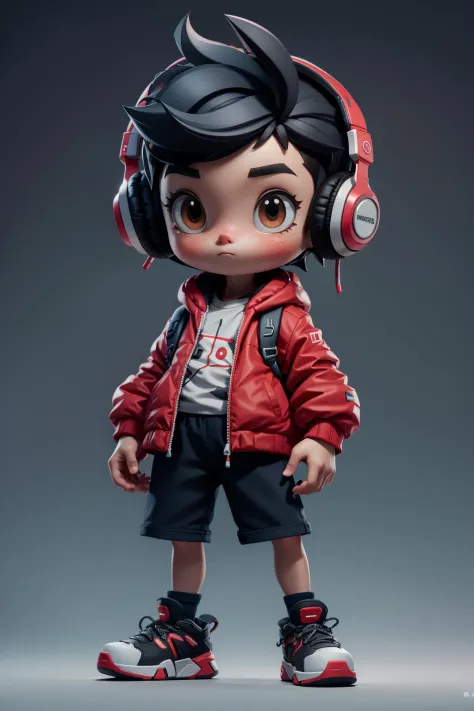 masterpiece, best quality, 8k, official art, cinematic light, ultra high res, 1boy, child, red jacket, shorts, black hair, headp...