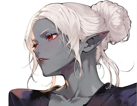 anime - style image of a woman with white hair and red eyes