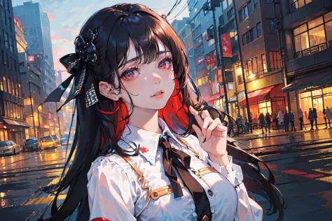 (finely detailed beautiful eyes and detailed face,masterpiece sidelighting,masterpiece,best quality,detailed,high resolution illustration),
(urban techwear, cybernetic background, sunny city),
(1girl,whole body,bishoujo,lustrous skin,looking down,looking at viewer),
(black hair,red eyes,short skirt,ribbon,button shirt)