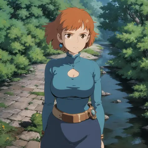 ghibli style, Nausicaa \(Nausicaa\), 1girl, 30 y.o., armlet, bangs, orange hair, Nausicaa outfit, breasts, earrings, floating hair, forest, brown eyes, jewelry, looking at viewer, medium breasts, sea of decay crumbling buildings,  outdoors, parted bangs, shirt, medium hair,  solo, tree, upper body, blue shirt , steampunk, ((masterpiece)), 