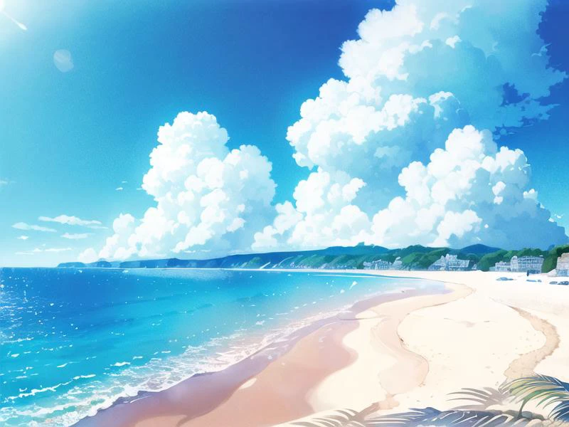 (4K, melhor qualidade, Obra de arte:1.2),céu azul, nuvem,ensolarado,verão ,praia,beira-mar