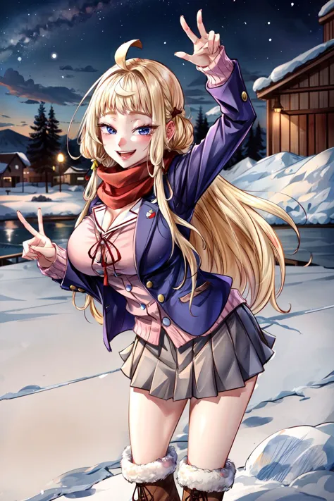 masterpiece, best quality, detailed hands, detailed lighting, highres, smile, contrapposto, kokkaido, snowy, snowflakes, peace s...