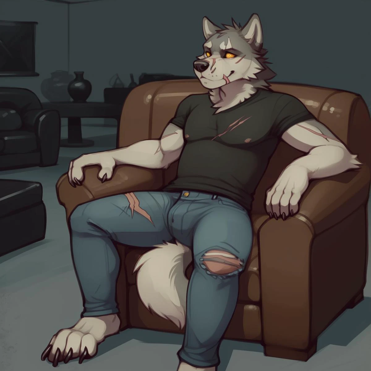 4 Zehen, 5 Finger, erwachsener Mann, anthro, Fell, zurücklehnen, blaue Jeans, schwarzes Shirt, Narbe, gelbe Augen, von oldski, komplexer Hintergrund, Wohnzimmer, Ledersessel, wolf 