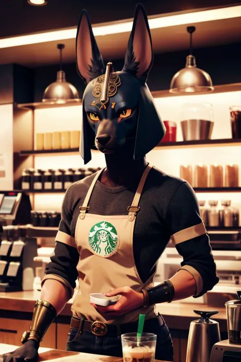 a close up of a person in a costume standing at a counter