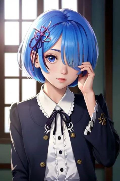 a close up of a person with a blue hair and a suit