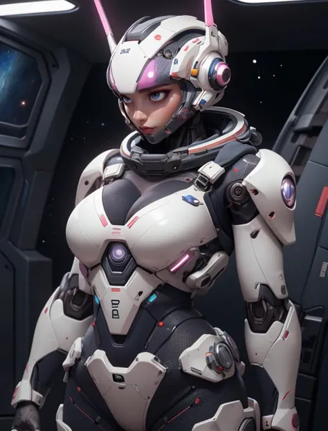 a close up of a woman in a futuristic suit standing in a spaceship