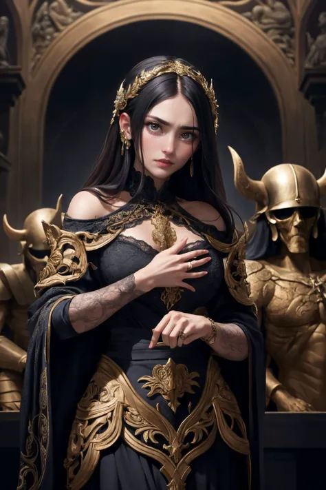 a woman in a black dress and gold armor standing in front of a group of gold statues