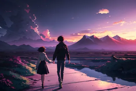 a couple walking down a path towards a mountain range at sunset