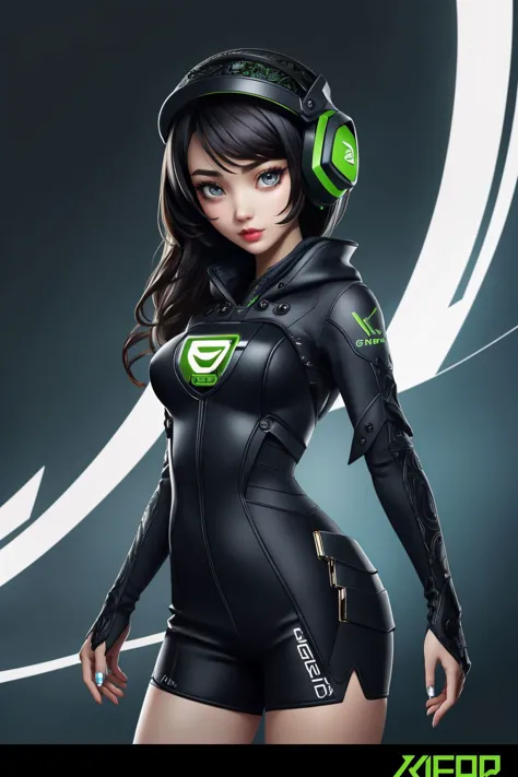 a woman in a black and green outfit with headphones