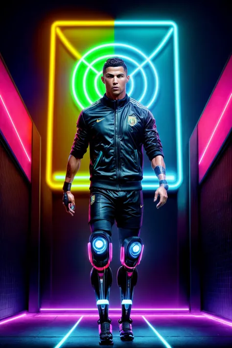 a man in a black jacket and neon lights walking through a hallway