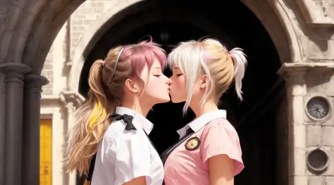 a detailed photograph of girls with messy hair. wearing school uniform . black-white-pink-silver-yellow colors, full dynamic color, close up character, intricate, kiss, hug, kissing breasts, short blonde hair, in a shadowed archway, steampunk city alley, daylight . lovers, 2girls, miniskirt, (open eyes), oil painting