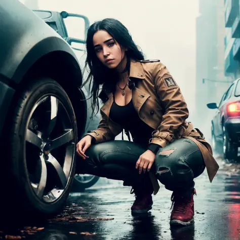 a detailed beautiful 8k photo (from below:1.3) of a girl (crouching) on a car. cyberpunk city street. wearing assassin outfit trench coat, shirt, cleavage, muted colors, dark, mist, smoke. reflectors. ((fighting pose)), gritty, athletic, dirt, grime, torn pants, (splash of red), cyberpunk, necklace, destroyed car, old car