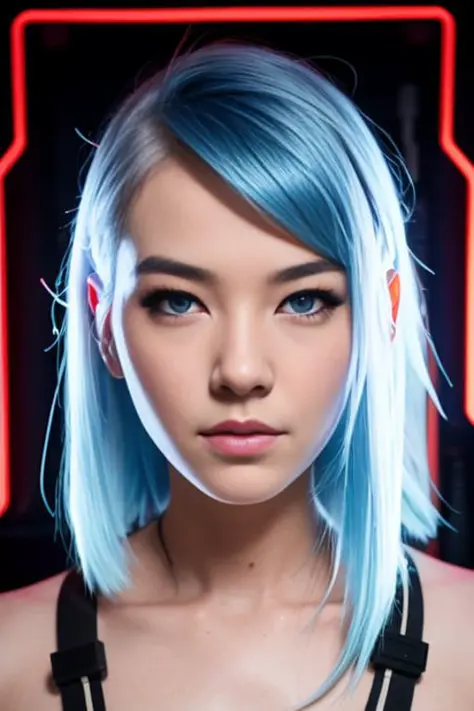 snthwve style, (bldrnrst:1.1), sfw, raw photo, a cyborg woman with cyan colored hair, perfect face, complex background, wires an...