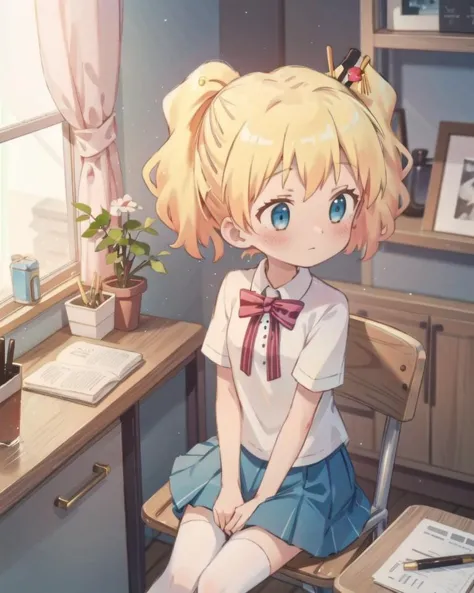 anime girl sitting on a chair in a room with a desk and a window