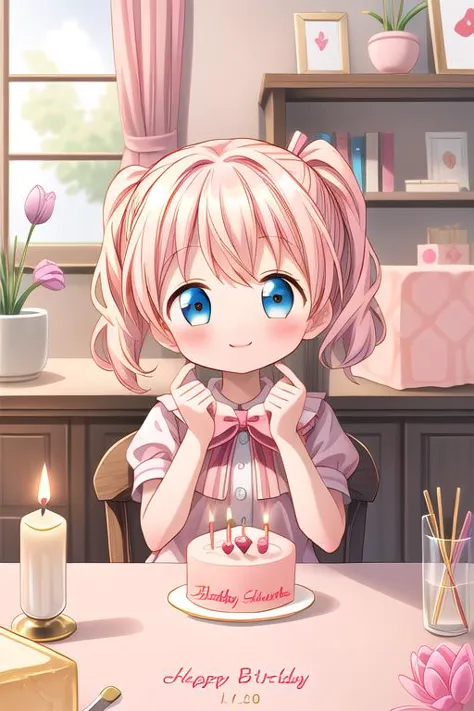 anime girl with pink hair sitting at a table with a birthday cake