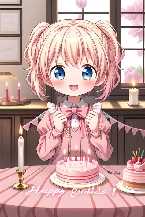 masterpiece,ultra detailed,1girl,smile,happy,alice_cartelet,blow out the candle,(chibi),tulip,happy birthday,text,cake,candle,spring,on table indoor<lora:alice_cartelet-v1:0.7> <lora:hyperdetailer_v080:0.7>