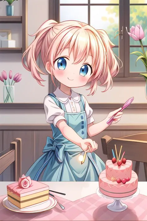 anime girl with pink hair cutting a cake with a knife