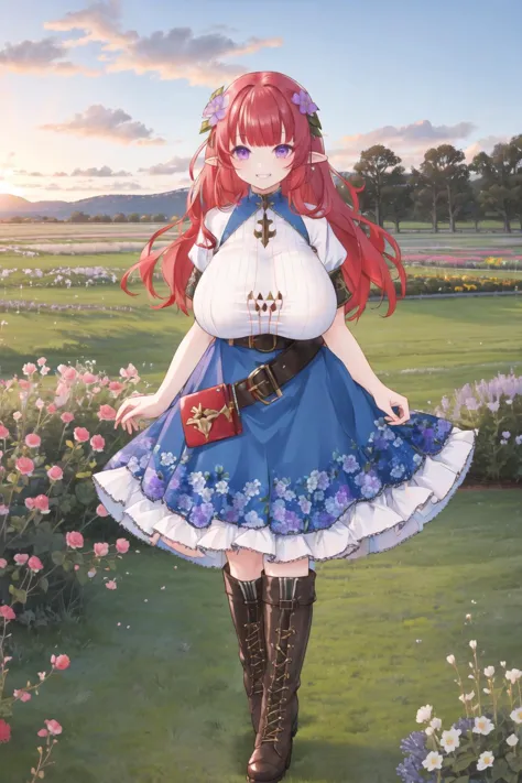 <lora:flofield:0.6>, flower field,  <lora:3lyv4:0.6>, pointy ears, grin, red hair, huge breasts, blue dress, belt, sunset, full ...