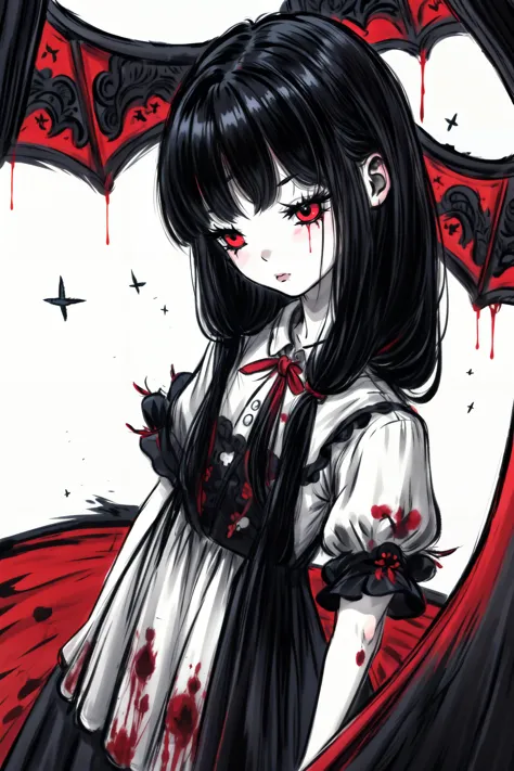 Illustration, masterpiece, Onryo, gothic clothes, long hair, short sleeves, standing, eyes radiating madness, red eyes, black hair, Dark Matter, Diabolic forces, Gothic terror, blood, pallor, insane details, intricate details, hyperdetailed <lora:add_detail:1> <lora:TheOnryo-09:0.7><lora:[LoHa] Longan竜眼 Style (With multires noise version):1.0>