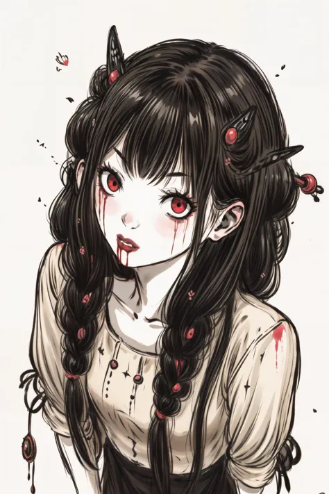 Illustration, masterpiece, Onryo, gothic clothes, long hair, short sleeves, standing, eyes radiating madness, red eyes, black hair, Dark Matter, Diabolic forces, Gothic terror, blood, pallor, insane details, intricate details, hyperdetailed <lora:add_detail:1> <lora:TheOnryo-09:0.7><lora:[LoHa] Longan竜眼 Style (With multires noise version):1.0>