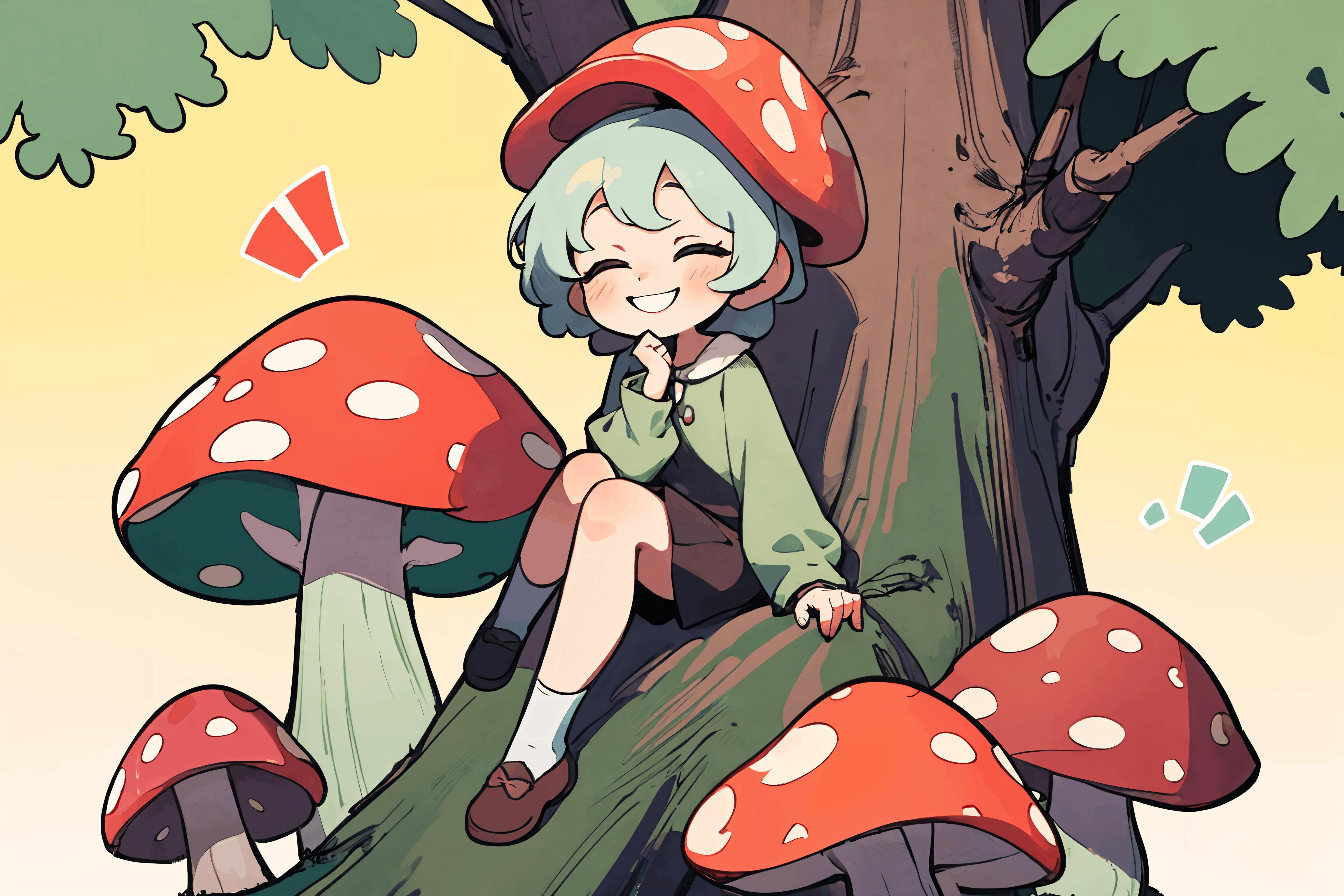 (best quality, masterpiece), small chibi girl with mushroom on the head ...