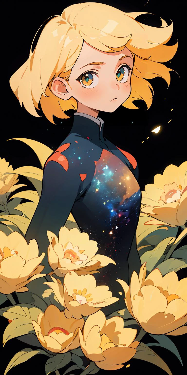 (best quality, masterpiece), 1girl, particle, wind, flower, upper body, dark simple background, looking at viewer, blonde, galaxy