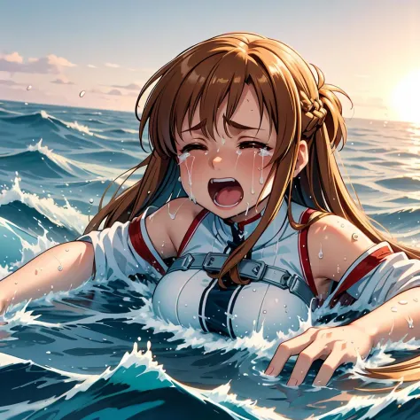 masterpiece,best quality,highly detailed,1girl,solo,scared,panicking,closed eyes,screaming,raised eyebrows,crying,tears,
<lora:asuna_(sao)_v1:0.7>,aaasuna,long hair,brown hair,braid,brown eyes,bare shoulders,armor,breastplate,
BREAK
<lora:drowning:0.4>,drowning,splashing,waves,water,hands up,(upper body,floating,swimming,ocean),