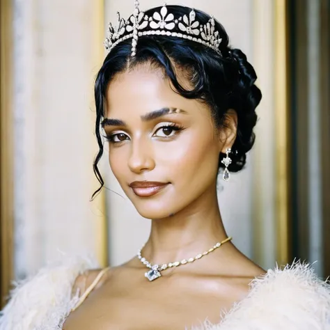 (Skin texture),High quality,Closeup face portrait photo, analog, film grain, actress dressed as a medieval queen with a delicate diamond tiara,regal, bright smile, , tyxla, <lora:tyla_juggerX_xl_1_st_wocap-tyxla-000086:1>