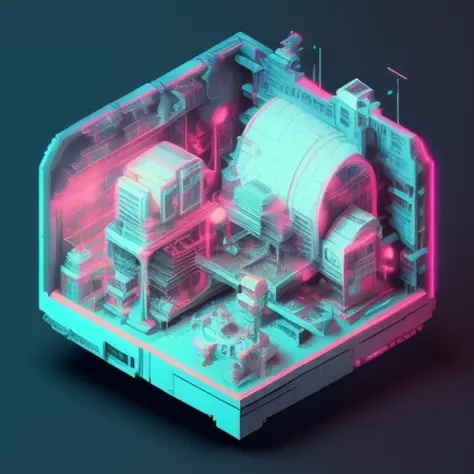 duskametrik isometric cutaway neon future buildings incredibly detailed black background dusty surfaces scratches dialidated dus...