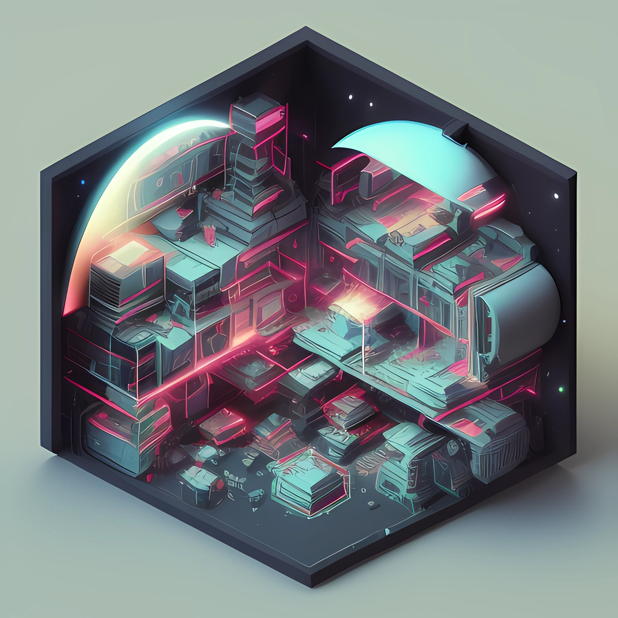 duskametrik isometric cutaway neon future buildings incredibly detailed black background dilapidated duskametrik