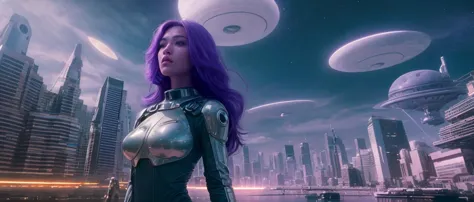 a woman in a futuristic suit standing in front of a city