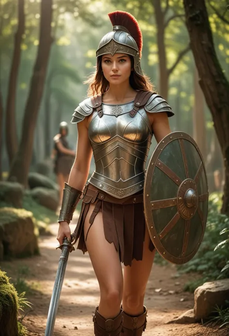 (medium full shot) of (strong gladiator) young woman, italian, tan skin, mint green eyes, slender build, brown hair,  secutor, w...