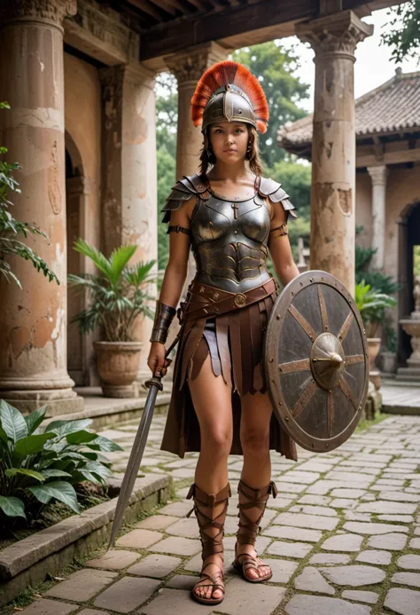 masterpiece, reality, 4k (medium full shot) of (striking gladiator) young woman, brazilian, tan skin, light brown eyes, willowy build, brown hair,  murmillo, wearing Short tunic, bronze helmet with plume, arm guard on right arm, wide leather belt, bronze greaves, thick-soled sandals, holding a gladius sword and a large rectangular shield, set in ancient rome era, in  a serene temple, surrounded by lush gardens, stone lanterns lining the pathways, and meditation mats arranged in a peaceful courtyard , at dawn, woman smiling