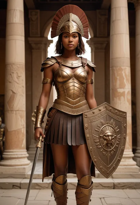 (medium full shot) of (striking gladiator) young woman, black american, dark skin, hazel eyes, average build, brown hair,  murmi...